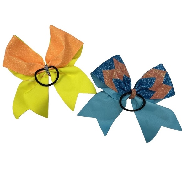 Cheer Hair Bows Set of 2 Elastic Band Orange and Blue Size Large - Picture 2 of 5